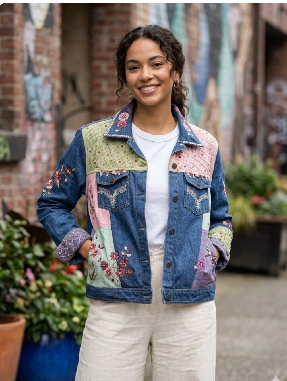 VTG Carrie Allen Patchwork Denim Jacket Embellished Wearable Art Boho Size XL